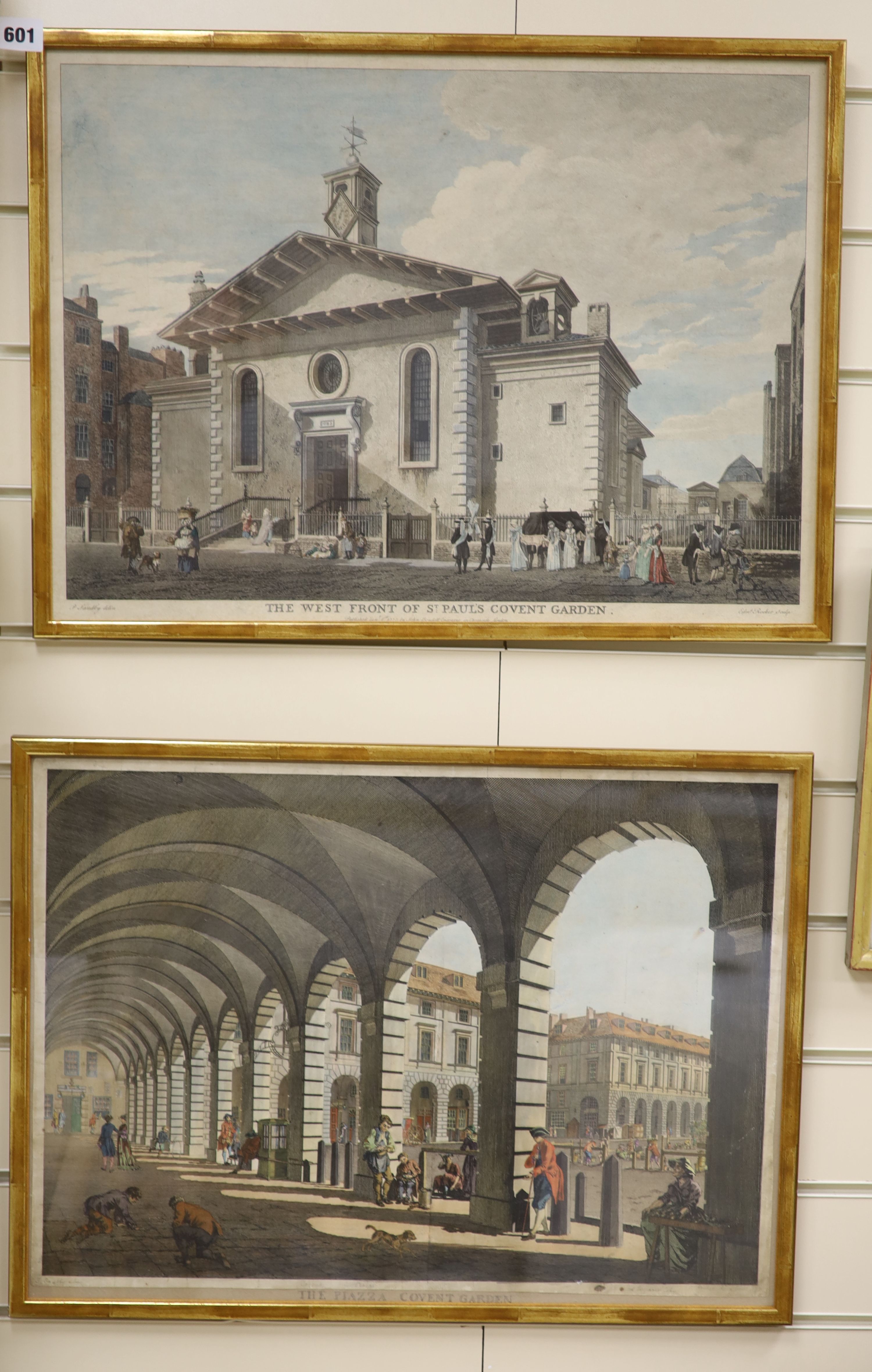 A pair of 18th century hand coloured line engravings, Covent Garden